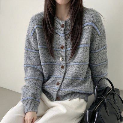 ドゥー ベル Doux Belle ラインボーダー柄クルーネックニットカーディガン レディース トップス （グレー）｜詳細画像