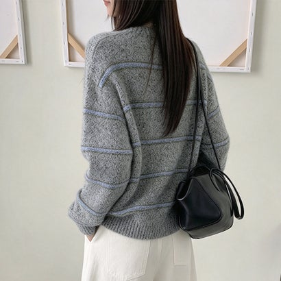 ドゥー ベル Doux Belle ラインボーダー柄クルーネックニットカーディガン レディース トップス （グレー）｜詳細画像