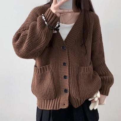 ドゥー ベル Doux Belle Vネックルーズ長袖ニットカーディガン レディース トップス （ダークブラウン）｜詳細画像