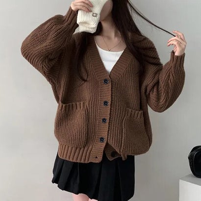 ドゥー ベル Doux Belle Vネックルーズ長袖ニットカーディガン レディース トップス （ダークブラウン）｜詳細画像