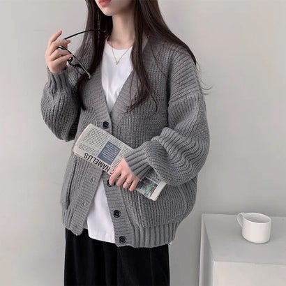 ドゥー ベル Doux Belle Vネックルーズ長袖ニットカーディガン レディース トップス （グレー）｜詳細画像