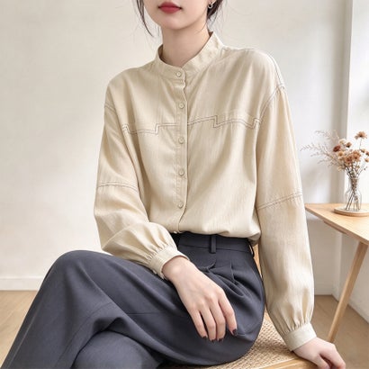 ドゥー ベル Doux Belle 配色ステッチアクセントバンドカラー長袖シャツブラウス レディース トップス （ベージュ）｜詳細画像