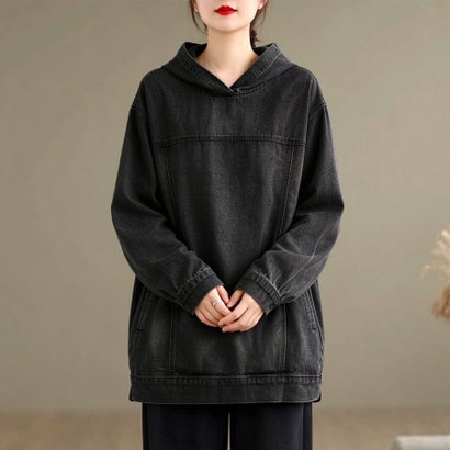 ドゥー ベル Doux Belle フード付きオーバーサイズ デニムパーカー長袖ジャケット レディース （ブラック）｜詳細画像