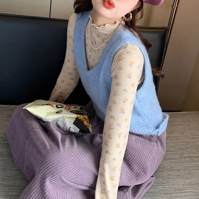 ドゥー ベル Doux Belle レトロ小花柄メロウフリルハイネック長袖カットソー レディース トップス （ベージュ）｜詳細画像