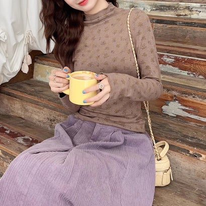 ドゥー ベル Doux Belle レトロ小花柄メロウフリルハイネック長袖カットソー レディース トップス （モカ）｜詳細画像