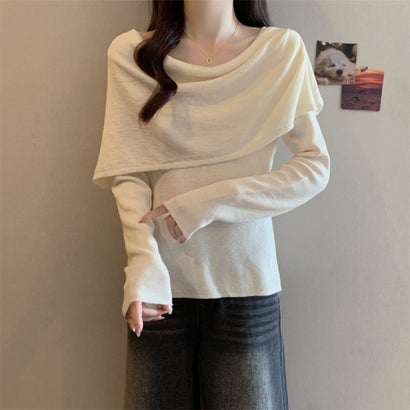ドゥー ベル Doux Belle ショール付き×ドレープネック長袖ニットセット レディース トップス （ベージュ）｜詳細画像