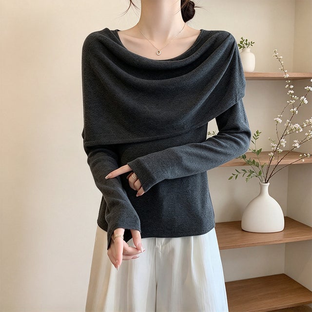ショール付き×ドレープネック長袖ニットセット レディース トップス （グレー）