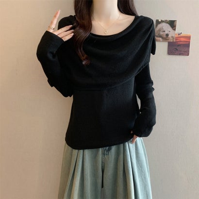 ドゥー ベル Doux Belle ショール付き×ドレープネック長袖ニットセット レディース トップス （ブラック）｜詳細画像