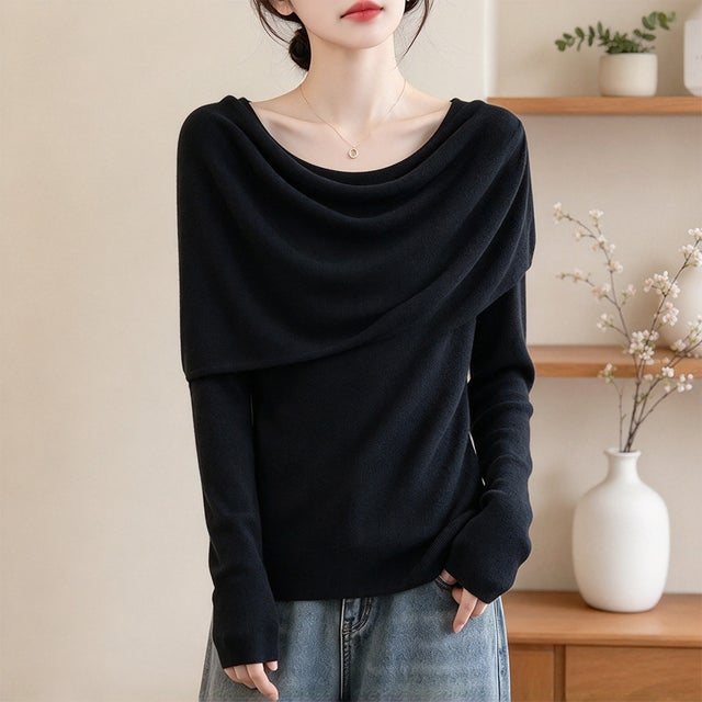 ショール付き×ドレープネック長袖ニットセット レディース トップス （ブラック）