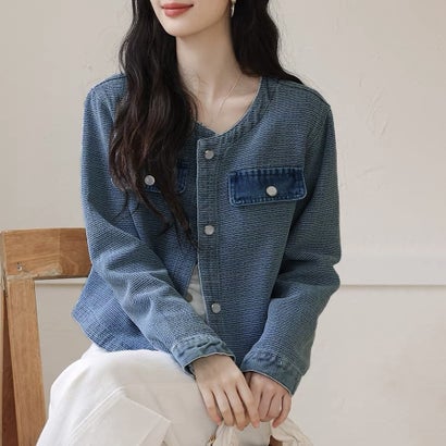 ドゥー ベル Doux Belle ボーダー調デニムノーカラー長袖ジャケット レディース アウター （ダークブルー）｜詳細画像
