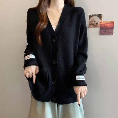 ドゥー ベル Doux Belle Vネックオーバーサイズ長袖ニットカーディガン レディース トップス （ブラック）｜詳細画像