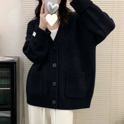 ドゥー ベル Doux Belle Vネックオーバーサイズ長袖ニットカーディガン レディース トップス （ブラック）｜詳細画像