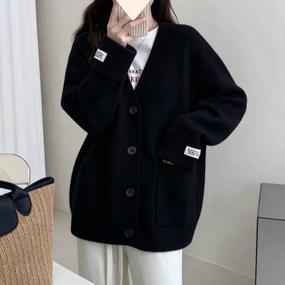 ドゥー ベル Doux Belle Vネックオーバーサイズ長袖ニットカーディガン レディース トップス （ブラック）｜詳細画像
