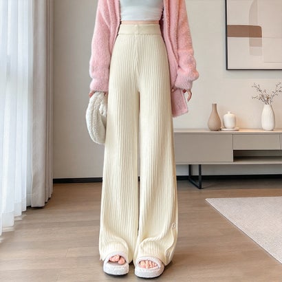 ドゥー ベル Doux Belle 裾ボタンリブニットワイドストレートパンツ レディース ボトムス （ベージュ）｜詳細画像