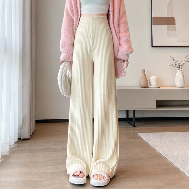 裾ボタンリブニットワイドストレートパンツ レディース ボトムス （ベージュ）