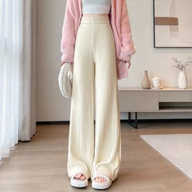 裾ボタンリブニットワイドストレートパンツ レディース ボトムス （ベージュ）