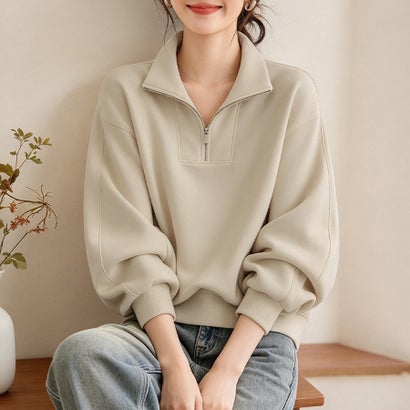 ドゥー ベル Doux Belle ハーフジップハイネック×ビッグカラースウェット レディース トップス （ベージュ）｜詳細画像