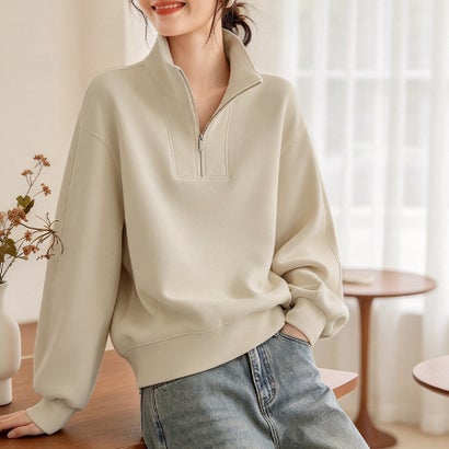 ドゥー ベル Doux Belle ハーフジップハイネック×ビッグカラースウェット レディース トップス （ベージュ）｜詳細画像