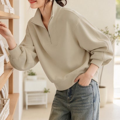 ドゥー ベル Doux Belle ハーフジップハイネック×ビッグカラースウェット レディース トップス （ベージュ）｜詳細画像