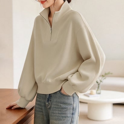 ドゥー ベル Doux Belle ハーフジップハイネック×ビッグカラースウェット レディース トップス （ベージュ）｜詳細画像