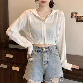 ジップアップショート丈長袖ニットパーカー レディース トップス （ホワイト）
