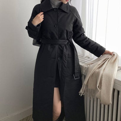ドゥー ベル Doux Belle スタンドカラーベルト付きロング中綿コート レディース アウター （ブラック）｜詳細画像