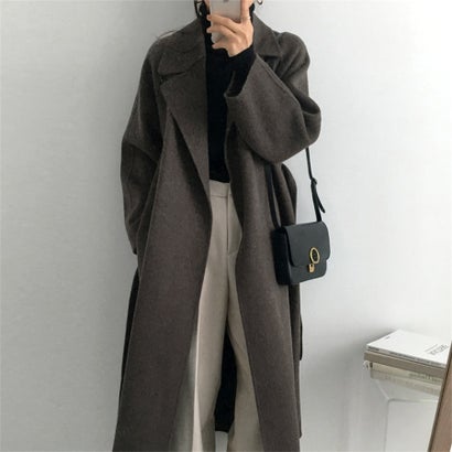 共布ベルト×ロングチェスターコート レディース アウター （ダークグレー）｜詳細画像