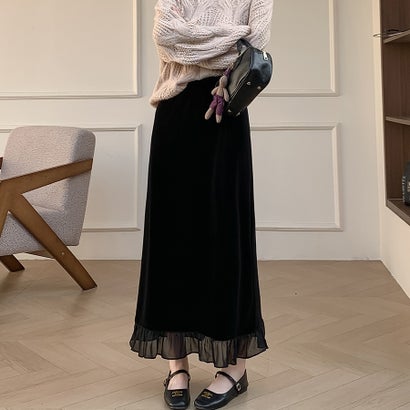 ドゥー ベル Doux Belle ベロア×シアー切り替えフリルスカート レディース スカート （ブラック）｜詳細画像