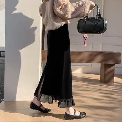 ドゥー ベル Doux Belle ベロア×シアー切り替えフリルスカート レディース スカート （ブラック）｜詳細画像