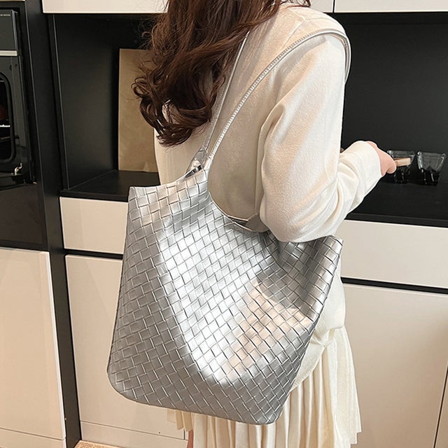 ミニバック付き×メッシュ編みトートバッグ レディース バッグ （シルバー）