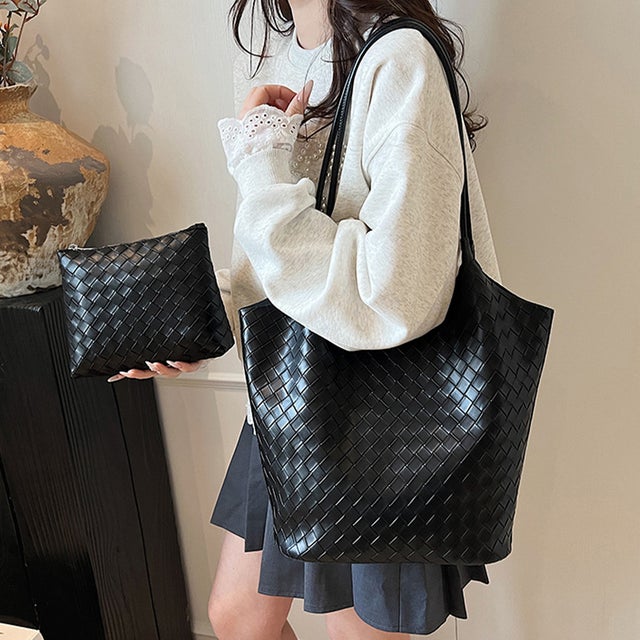 ミニバック付き×メッシュ編みトートバッグ レディース バッグ （ブラック）