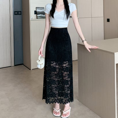 ドゥー ベル Doux Belle レース×スカラップヘムスカート レディース スカート （ブラック）｜詳細画像