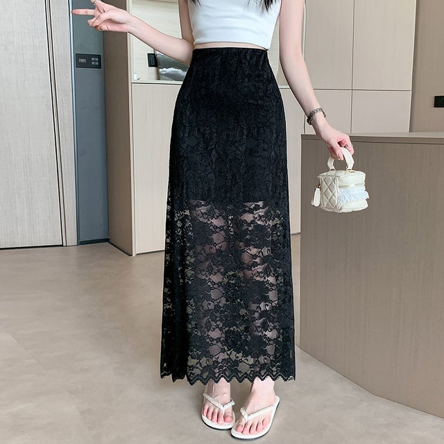 レース×スカラップヘムスカート レディース スカート （ブラック）