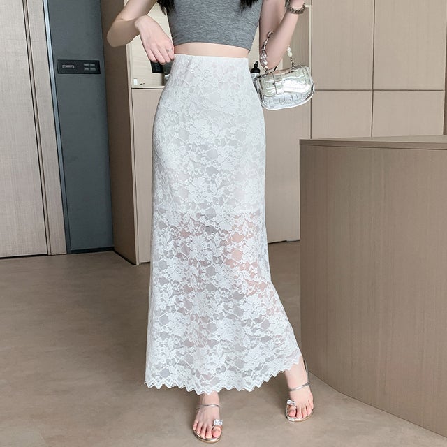 レース×スカラップヘムスカート レディース スカート （ホワイト）