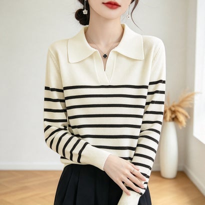 ドゥー ベル Doux Belle スキッパーカラーパネルボーダー長袖ニットプルオーバー レディース トップス （ベージュ）｜詳細画像