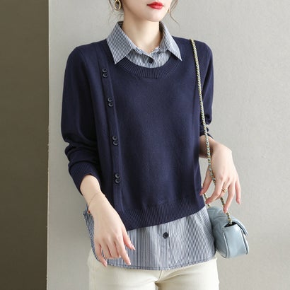 ドゥー ベル Doux Belle ストライプシャツドッキングサイドボタン長袖ニットトップス レディース トップス （ネイビー）｜詳細画像