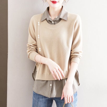 ドゥー ベル Doux Belle ストライプシャツドッキングサイドボタン長袖ニットトップス レディース トップス （ベージュ）｜詳細画像