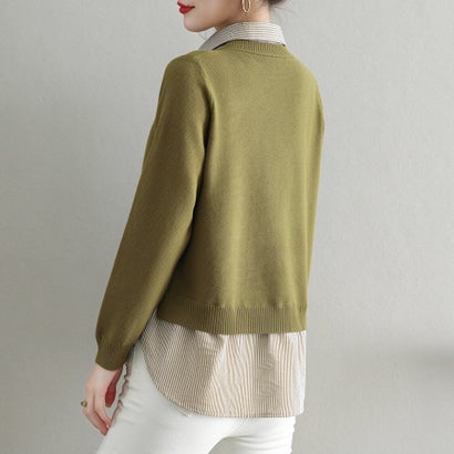 ドゥー ベル Doux Belle ストライプシャツドッキングサイドボタン長袖ニットトップス レディース トップス （オリーブ）｜詳細画像