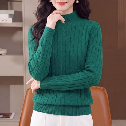 ドゥー ベル Doux Belle ケーブル編みハイネック長袖ニットプルオーバー レディース トップス （ダークグリーン）｜詳細画像