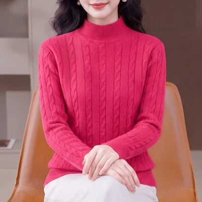 ドゥー ベル Doux Belle ケーブル編みハイネック長袖ニットプルオーバー レディース トップス （ローズ）｜詳細画像