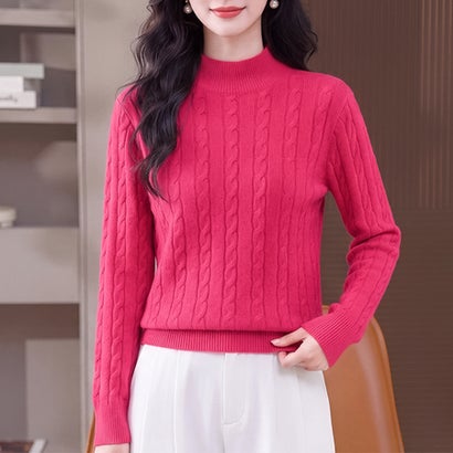 ドゥー ベル Doux Belle ケーブル編みハイネック長袖ニットプルオーバー レディース トップス （ローズ）｜詳細画像