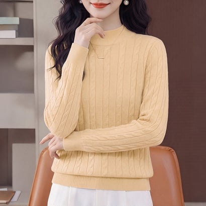 ドゥー ベル Doux Belle ケーブル編みハイネック長袖ニットプルオーバー レディース トップス （キャメル）｜詳細画像