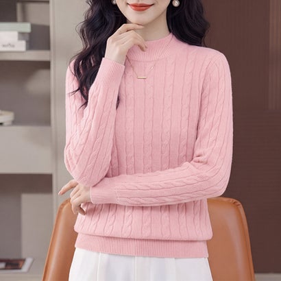 ドゥー ベル Doux Belle ケーブル編みハイネック長袖ニットプルオーバー レディース トップス （ピンク）｜詳細画像
