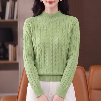 ドゥー ベル Doux Belle ケーブル編みハイネック長袖ニットプルオーバー レディース トップス （ライトグリーン）｜詳細画像