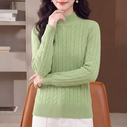 ドゥー ベル Doux Belle ケーブル編みハイネック長袖ニットプルオーバー レディース トップス （ライトグリーン）｜詳細画像