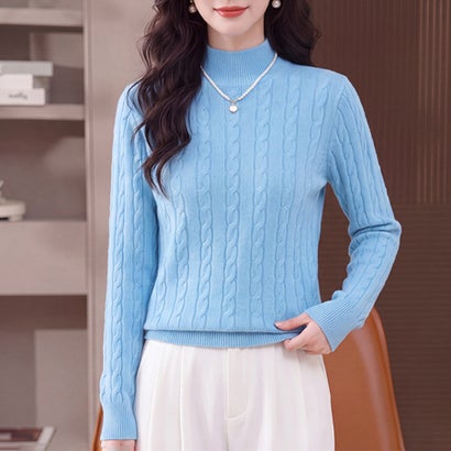 ドゥー ベル Doux Belle ケーブル編みハイネック長袖ニットプルオーバー レディース トップス （ブルー）｜詳細画像