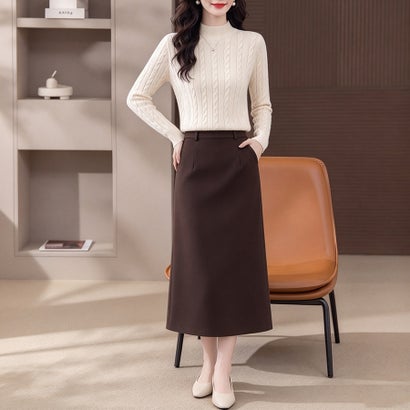 ドゥー ベル Doux Belle ケーブル編みハイネック長袖ニットプルオーバー レディース トップス （ベージュ）｜詳細画像