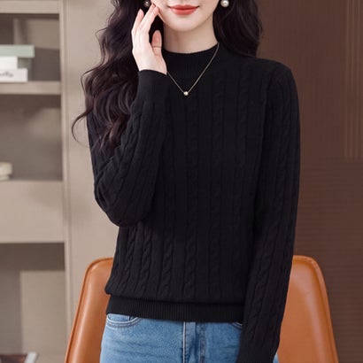 ドゥー ベル Doux Belle ケーブル編みハイネック長袖ニットプルオーバー レディース トップス （ブラック）｜詳細画像