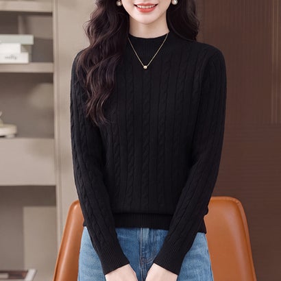 ドゥー ベル Doux Belle ケーブル編みハイネック長袖ニットプルオーバー レディース トップス （ブラック）｜詳細画像