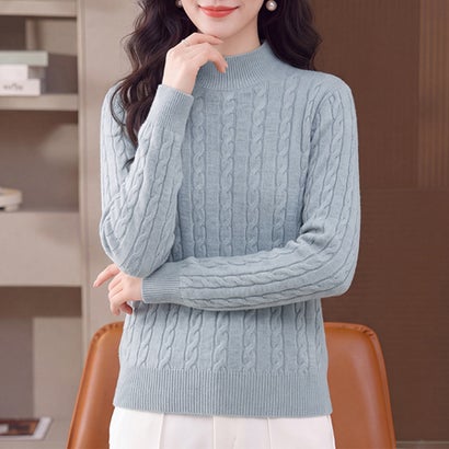 ドゥー ベル Doux Belle ケーブル編みハイネック長袖ニットプルオーバー レディース トップス （グレー）｜詳細画像